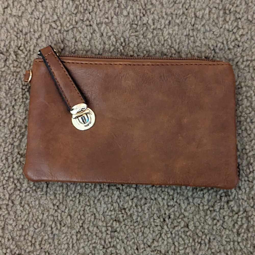 Brown Leather Clutch with Gold Buckle Zip Detail